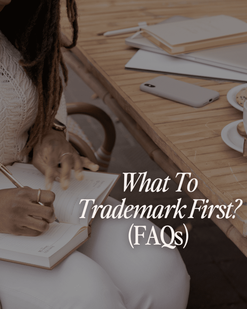 Professional business owner reviewing notes with text overlay reading “What To Trademark First? (FAQs)” on a trademark education blog.